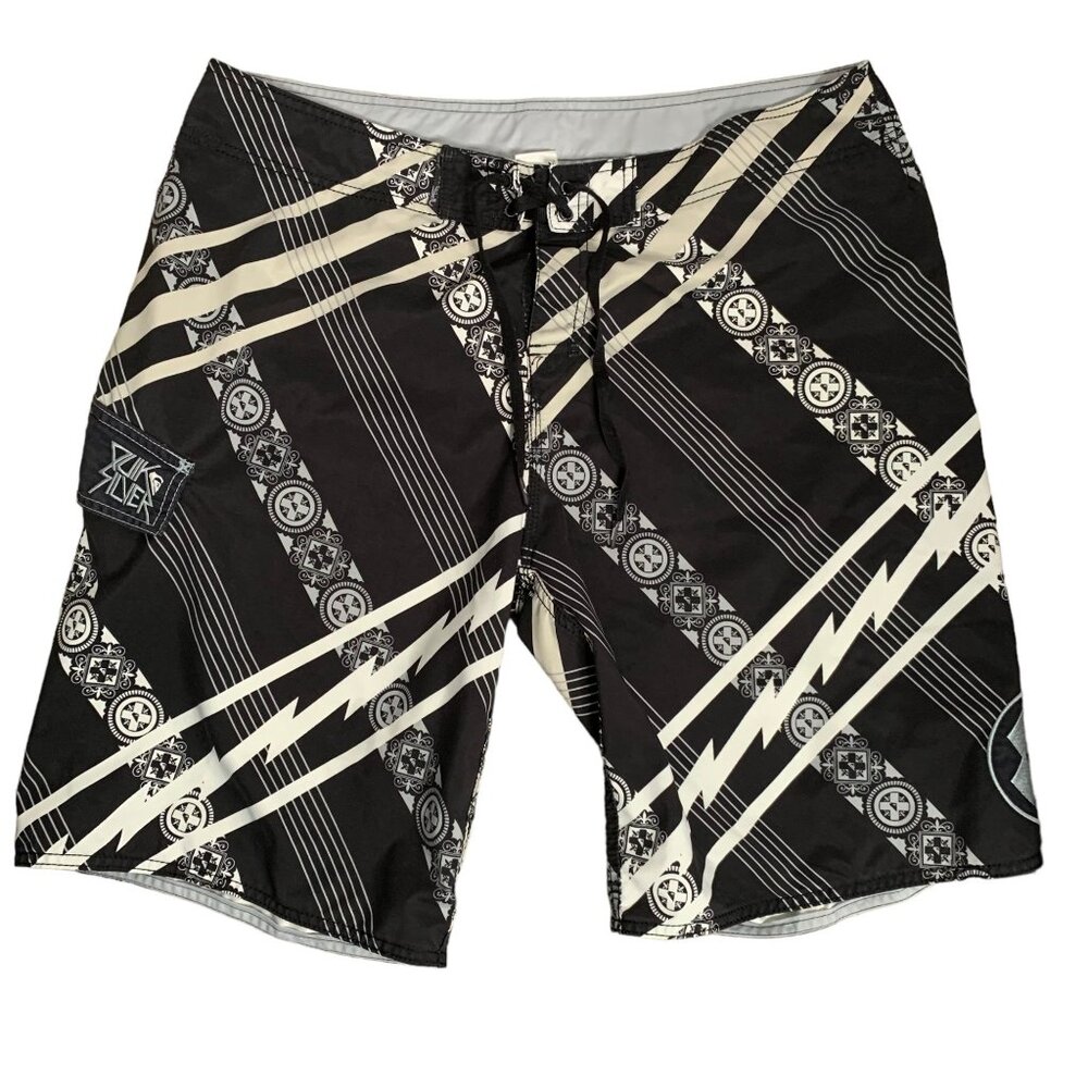 Quiksilver Boardshorts Swim Trunks 38 Black Hook Loop Tie Mesh Cargo Pocket